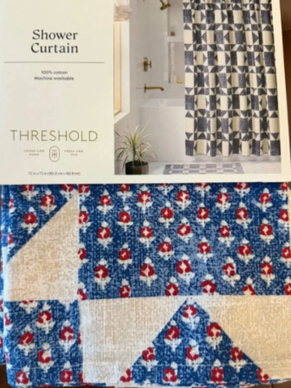 Threshold Shower Curtain – Geometric Floral Patchwork – Blue & Beige 72x72